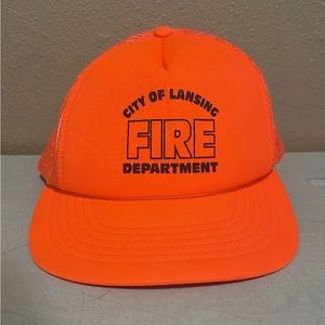 Vintage City Of Lansing Fire Department Neon Orange Trucker Snapback Hat Cap